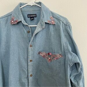LA LOVING Embroidered Light Wash Denim Shirt with Pink Floral Appliqué